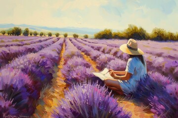 Wall Mural - a woman is sitting in a lavender field reading a book