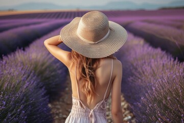 Wall Mural - A lady in a white sun hat and dress stands in a lavender field