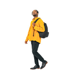 Full body photo of a black man looking up while walking. Full body photo PNG with transparent background precisely cut out with clipping path.