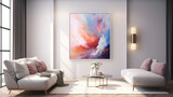 Fototapeta Paryż - A mockup of a modern living room with a blank white empty frame, showcasing a dynamic, abstract digital painting that adds a sense of movement to the space.