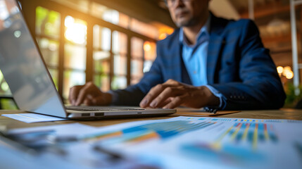 A businessman analyzing competitor strategies on his laptop surrounded by research papers and market analysis charts.