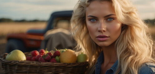 portrait of a young woman blonde with a very beautiful face, a farmer holding a fruit basket