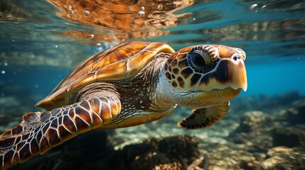 Wall Mural - A solitary sea turtle gliding through the water, the patterns on its shell a unique signature, the p