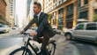 A businessman cycling to work in urban traffic blending fitness with eco-conscious commuting.