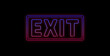 Blue, orange and red neon exit sign on dark brick wall.