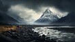 © ProVector - A rugged mountain ridge under a stormy sky, the jagged peaks standing defiant against the dark, broo