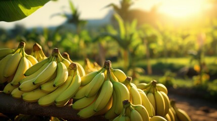 Wall Mural - Bunches of bananas on amazing sunny banana plantation.