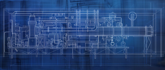 Blueprint of a oil plant building. 3D rendering of abstract technology concept background. High tech building.