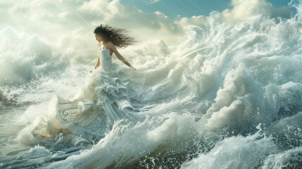 Goddess of fairy in magical dress walks on water, magical sea scene