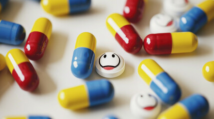 Wall Mural - Pile of feel good medications with smiling emoticons, close-up