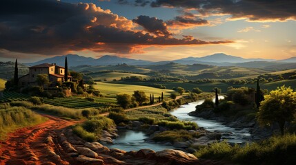 Wall Mural - A panoramic view of rolling hills and sun-drenched fields, the setting sun casting a warm golden hue
