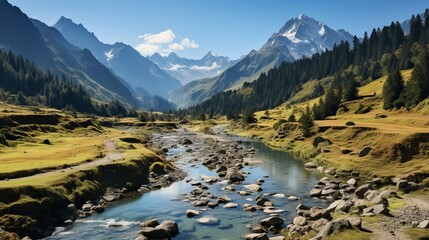 Wall Mural - A panoramic view of a majestic mountain range, snow-capped peaks under a clear blue sky, valleys bel