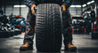 tire at repairing service garage background. Technician man replacing winter and summer tire for safety road trip. Transportation and automotive maintenance concept 
