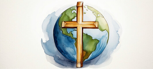 Wall Mural - Watercolor illustration of a Christian cross on earth on a white background. Digital painting