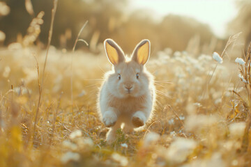 Wall Mural - A gray rabbit runs through the grass in the summer. Blurred background, in the warm light