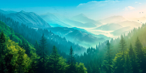 Naklejka na meble sunrise over a foggy mountain landscape