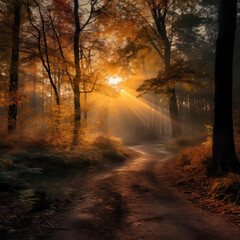 Wall Mural - autumn forest with sun rays