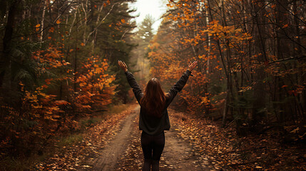 Sticker - woman with arms raised on a forest path