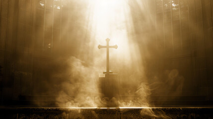 Wall Mural - cross on an altar, hazy church interior