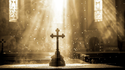 Cross on an altar, hazy church interior