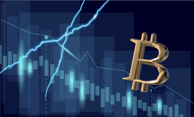 Bitcoin failing graph crypto currency. Coin B symbol finance economy banking system. Blockchain extra crash with lightning negative forecast for decline in value vector illustration