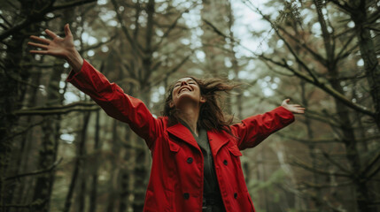 Canvas Print - woman in red celebrating freedom in a forest