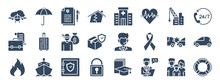 Set Of 24 Insurance Web Icons In Glyph Style Such As Insurance Policy, Customer Service, Safe Box, Salesman, Lifebuoy, Accident. Vector Illustration.