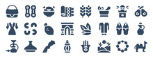 Set Of 24 Morocco Web Icons In Glyph Style Such As Food, Argan, Morocco, Desert, Camel, Slippers. Vector Illustration.