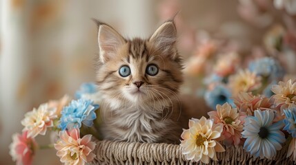 Canvas Print - A cute and fluffy kitten with big blue eyes sitting in a basket filled with pastel-colored flowers