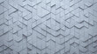 © RocknRoller Studios - White, 3D Wall background with tiles. Polished, tile Wallpaper with Triangular, Semigloss blocks. 3D Render
