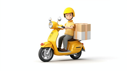 Yellow delivery man with delivery box isolated in white background