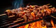 Stick of meat chicken pork bbq grilled kebab skewers  food barbecued with flame fire decoration scene