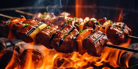 Wall Mural - Stick of meat chicken pork bbq grilled kebab skewers  food barbecued with flame fire decoration scene