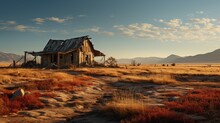 A Lone Desert Outpost, A Small Shelter Providing Respite From The Expansive, Arid Surroundings, The