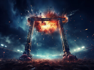 Wall Mural - A football field corner with a black and white ball and bright lights with flashes at night