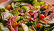 Fresh salad with vegetables, greens in bowl. Homemade delicious lunch salad with cherry tomatoes, spinach, arugula for restaurant, menu, advert or package, close up selective focus