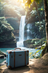 Wall Mural - Blue suitcase on the background of a waterfall in the rainforest. Travel, trekking tour to wild, exotic places, tourism, outdoor activities. AI generated