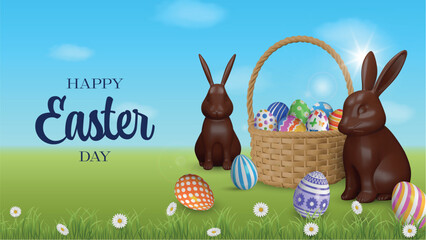 easter banner with chocolate rabbits and colorful eggs. easter background with eggs in a wicker bask