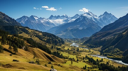 Wall Mural - A panoramic view of a majestic mountain range, snow-capped peaks under a clear blue sky, valleys bel