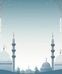 Wall Mural - Mosque Muslims worship, copy space template for the Eid al-Fitr holiday and the month of Ramadan mubarak. Pastel color minimalist silhouette at moon night design.