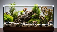 A Stylish Miniature Aquarium, Elegantly Designed With Vibrant Aquatic Plants And Colorful Fish, Set