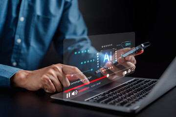Aufkleber - Businessman using ai technology. AI Artificial Intelligence video creative generated. Futuristic technology, robot in online system. Digital online marketing concept.