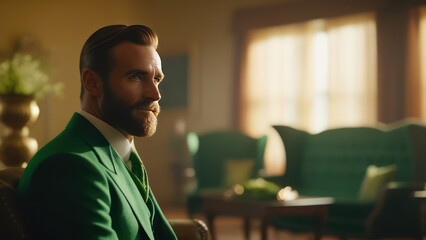 A man in a green suit and a beard. St. Patrick's Day concept