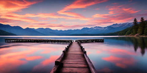Wall Mural - a vibrant sunset paints the sky over a serene lake. generative ai