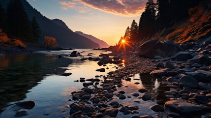 Wall Mural - A mountain river at twilight, the fading light casting a soft glow on the water and rocks, the scene