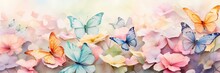Pastel Color Butterflies On Delicate Spring Flowers In A Field With A Space For Text. Spring Time.