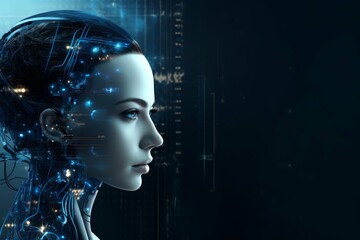 Wall Mural - Profile view of a female android with intricate cybernetic details against a dark background.