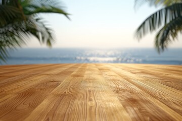 Wall Mural - An empty wooden table with palm trees and the ocean in the background