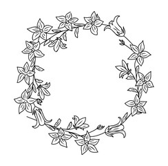 Sticker - Hand drawn botanical wreath line art vector illustration isolated on transparent background. Circle frame with wild flowers in black ink sketch style. Elegant wedding invitation design.
