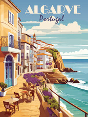 Travel Destination Poster in retro style. Algarve, Portugal print. European summer vacation, tourism, holidays concept. Vintage vector colorful illustration.